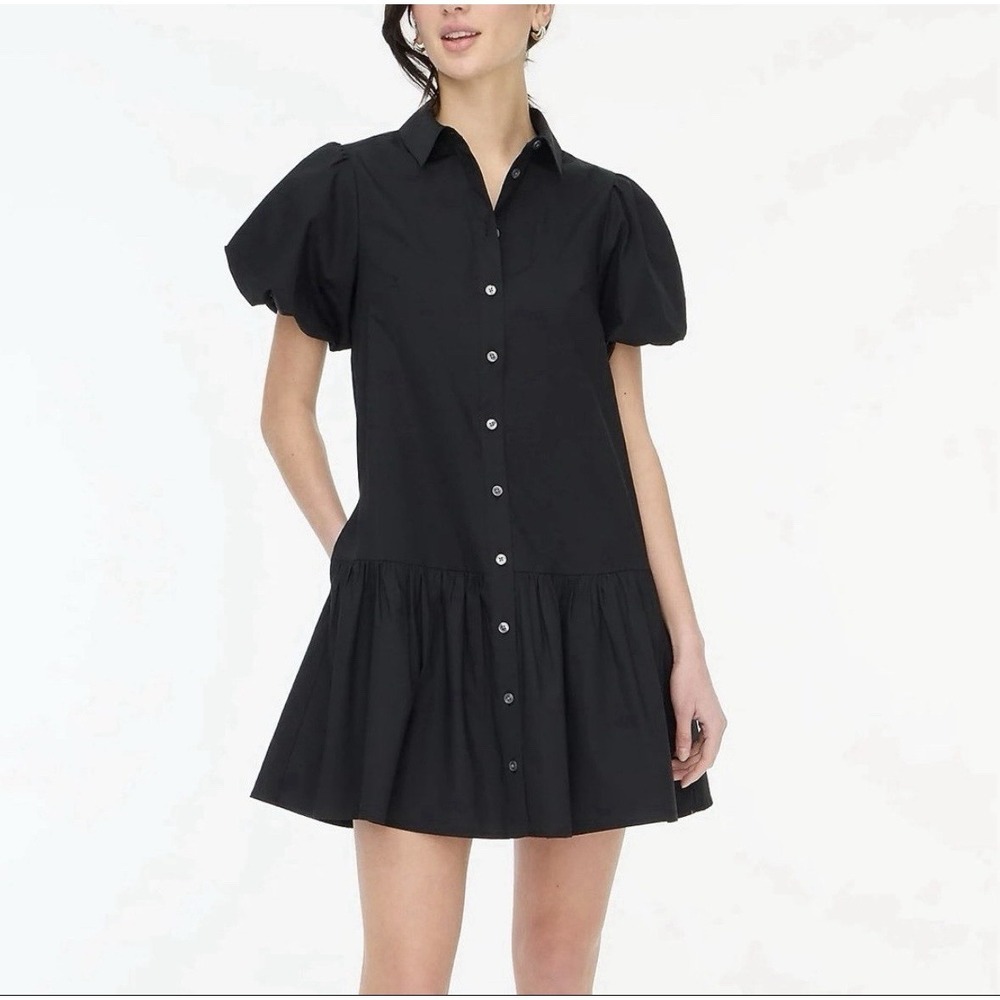 J. Crew Black Poplin Puff Bubble Sleeve Mini Shirt Dress Ruffle Hem Size 10 NEW